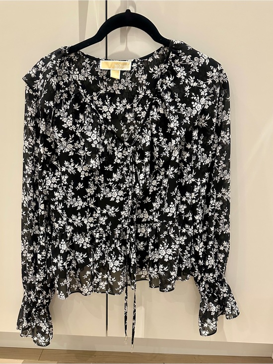 Michael Kors Tops - Michael Kors Black & White Floral Tie-Neck Blouse